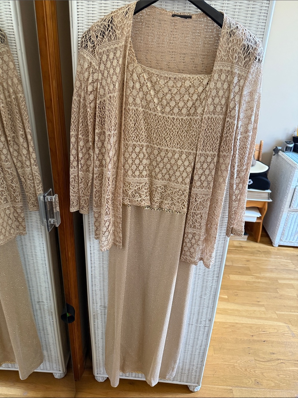 Women's Beige Crochet Knit Cardigan & Tank Dress Set - Elegant Neutral